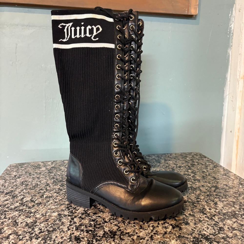 Juicy Couture Okala Black Knit Sock Combat Boots Tall Lace Up Lug Sole Logo 8